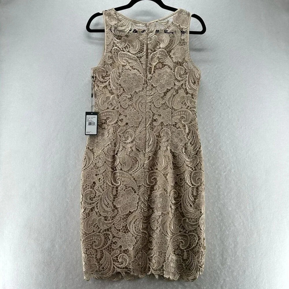 Adrianna Papell Dress Size 6 Lace Overlay Sheath Boat Neck Sleeveless Beige - Picture 2 of 12